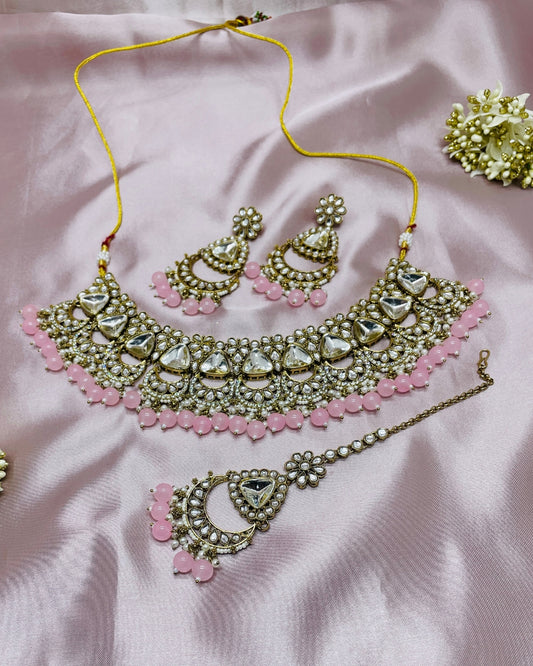 Honeycomb Shape Lavender Beaded & Kundan Stone Choker Necklace Set with Earrings & Maangtikka for Girls & Women