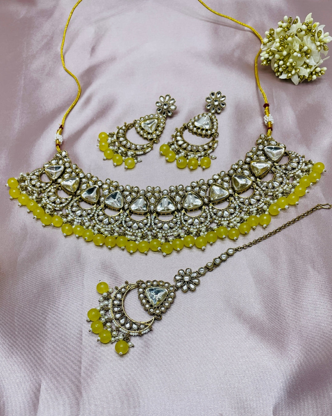 Honeycomb Shape Lavender Beaded & Kundan Stone Choker Necklace Set with Earrings & Maangtikka for Girls & Women