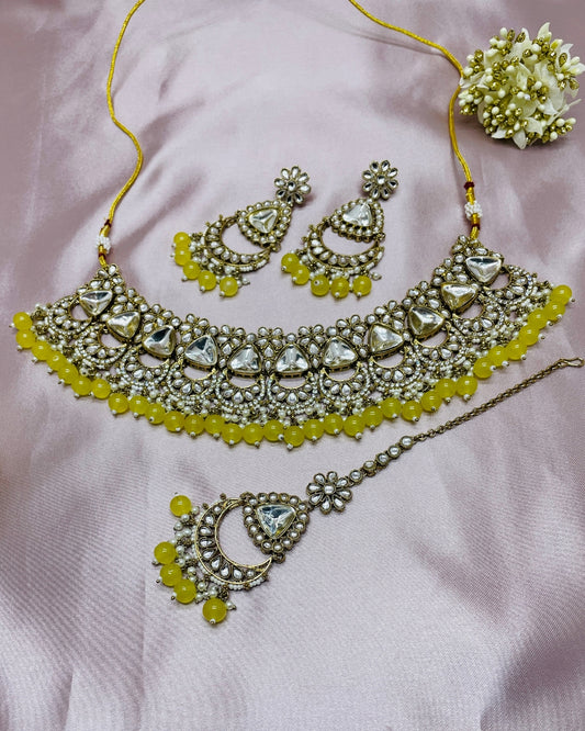 Honeycomb Shape Lavender Beaded & Kundan Stone Choker Necklace Set with Earrings & Maangtikka for Girls & Women