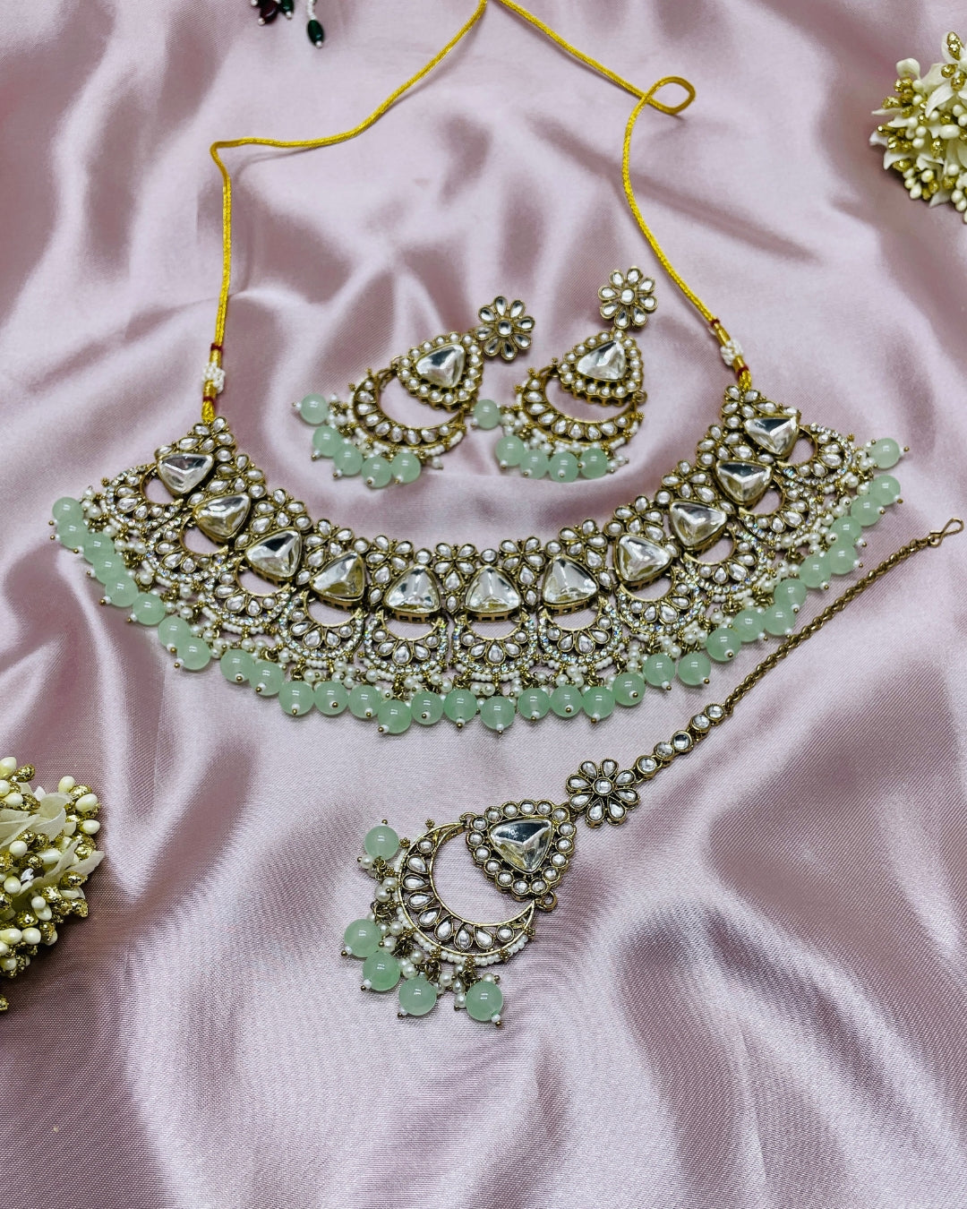 Honeycomb Shape Lavender Beaded & Kundan Stone Choker Necklace Set with Earrings & Maangtikka for Girls & Women