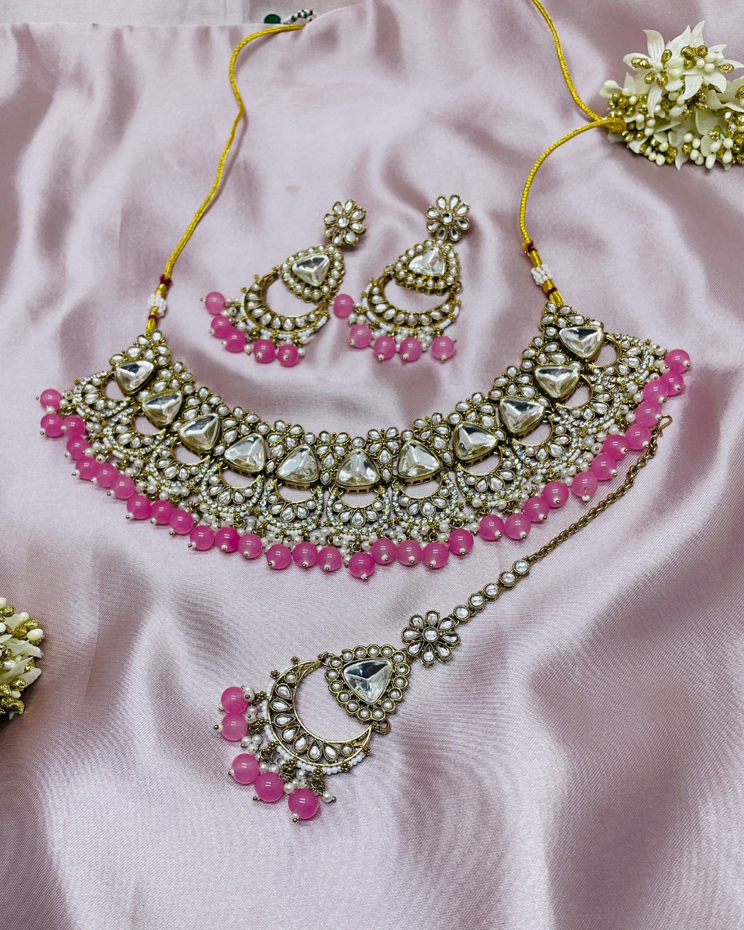 Honeycomb Shape Lavender Beaded & Kundan Stone Choker Necklace Set with Earrings & Maangtikka for Girls & Women