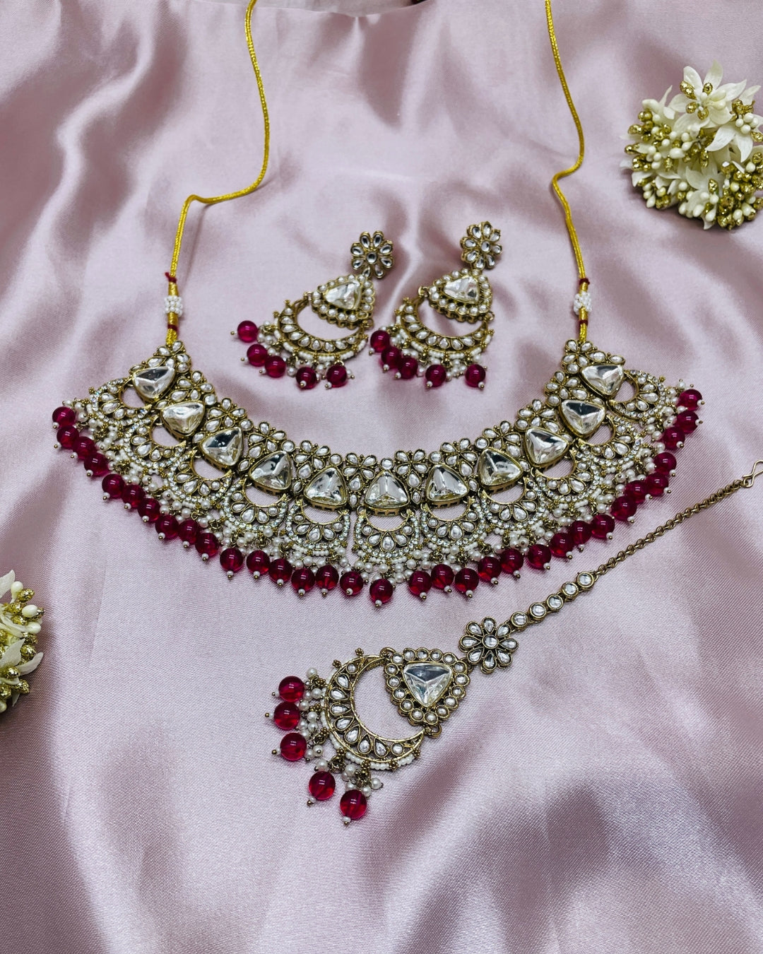 Honeycomb Shape Lavender Beaded & Kundan Stone Choker Necklace Set with Earrings & Maangtikka for Girls & Women